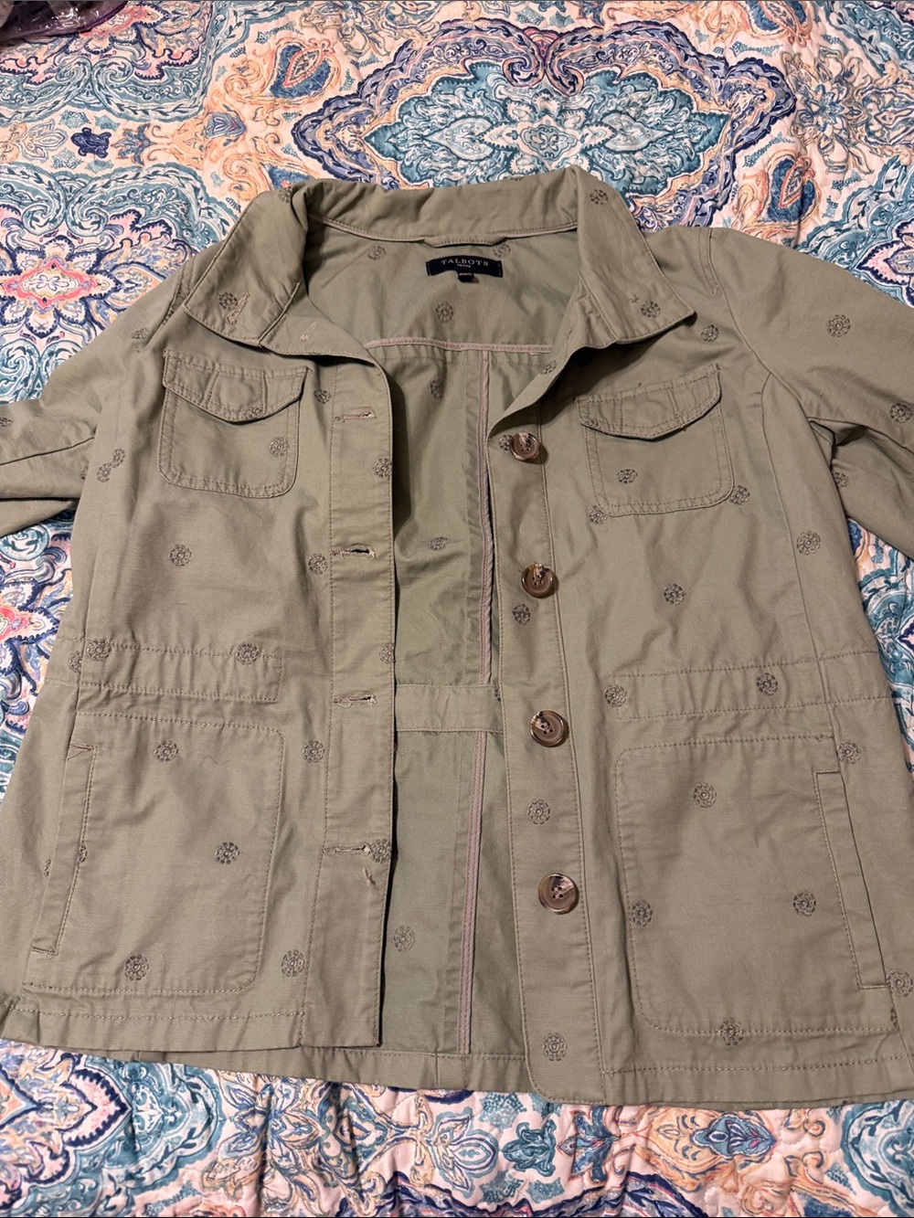 Talbots Olive Utility Jacket with Subtle Embroidery